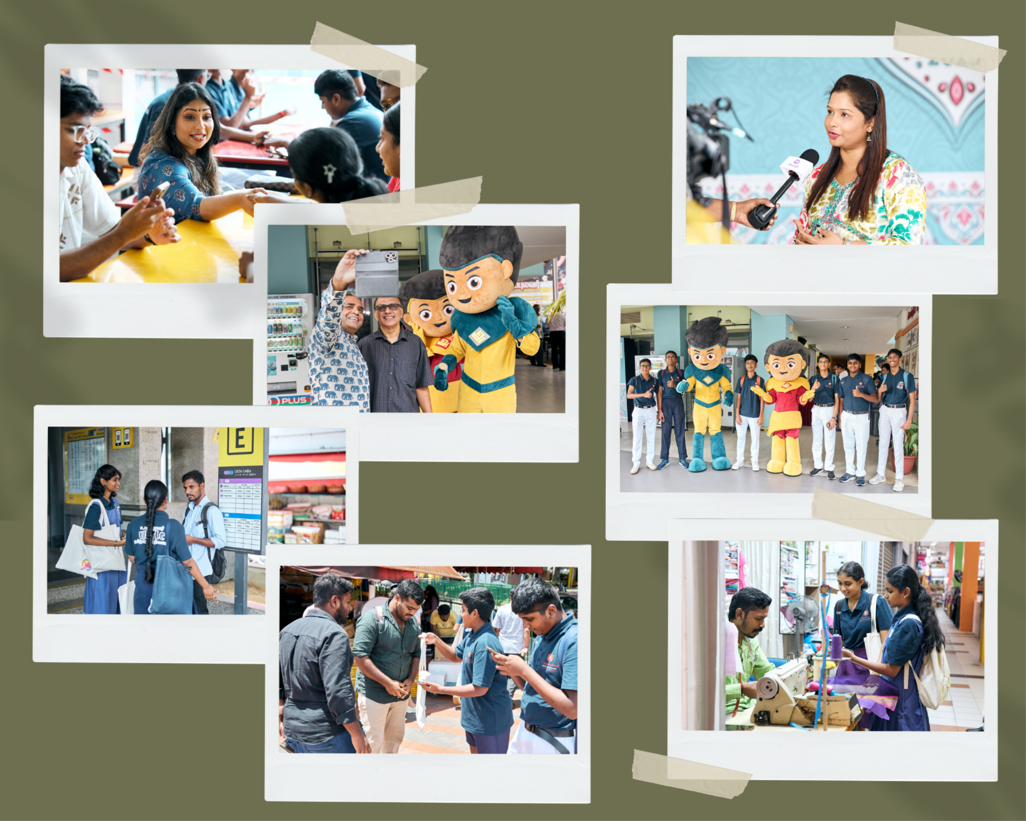 Collage of six photos showing students, mascots, and a woman being interviewed at a school event.